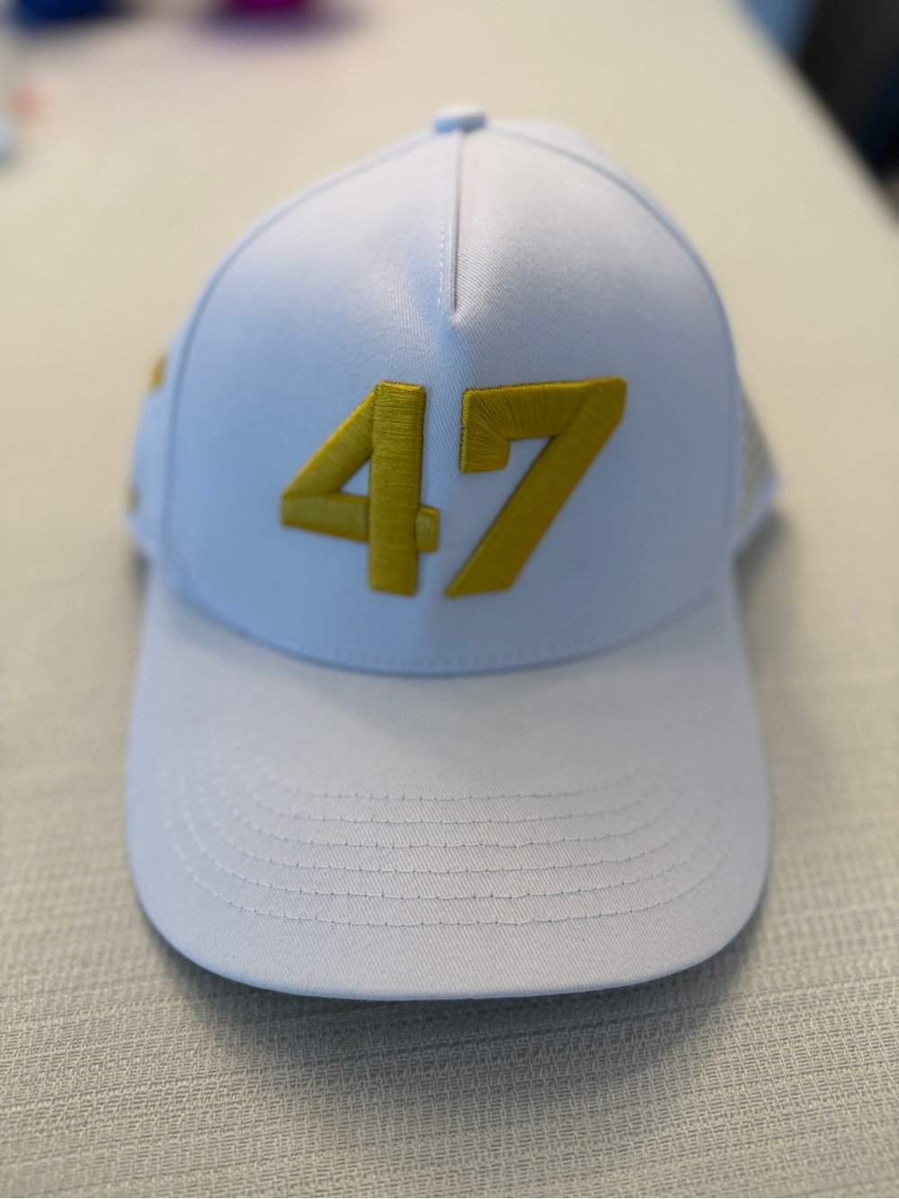 White Baseball Cap with Yellow '47' Embroidery